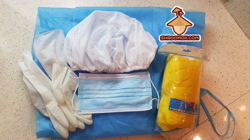 Growers outfit for mushroom cultivation: face mask, gloves, cap, gown