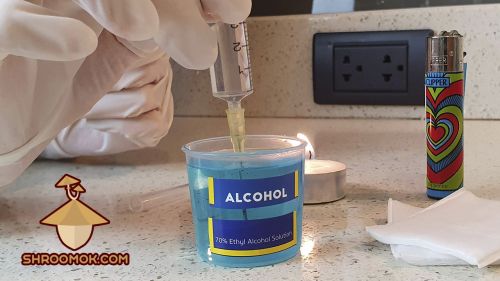 Syringe needle disinfection in alcohol before inoculating