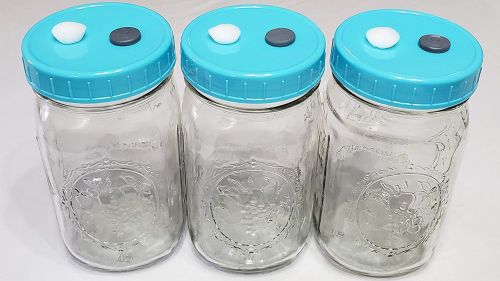 Glass spawn jars with heat resistant polypropylene lids