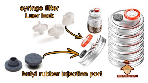 Inoculation port - butyl rubber injection port, air filter - Luer lock syringe filter