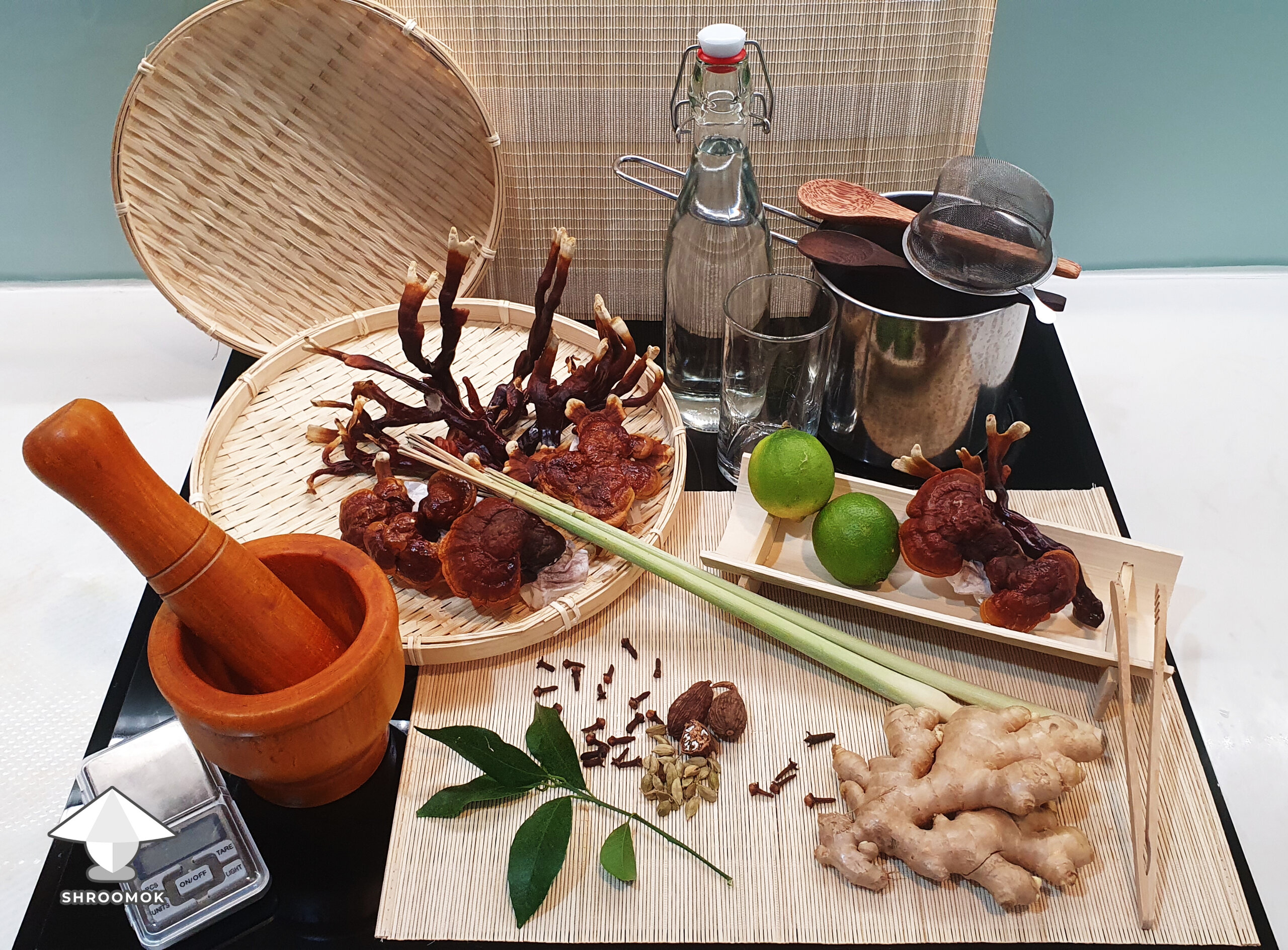 Ingredients and tools for making reishi tea