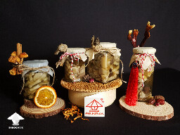 Fermented mushroom jars decorated by dry mushrooms
