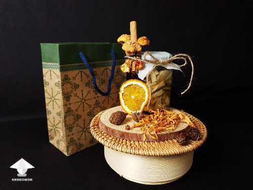 Fermented mushrooms in decorated jar