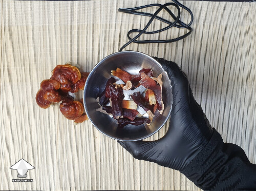 Grind dry reishi in coffee grinder